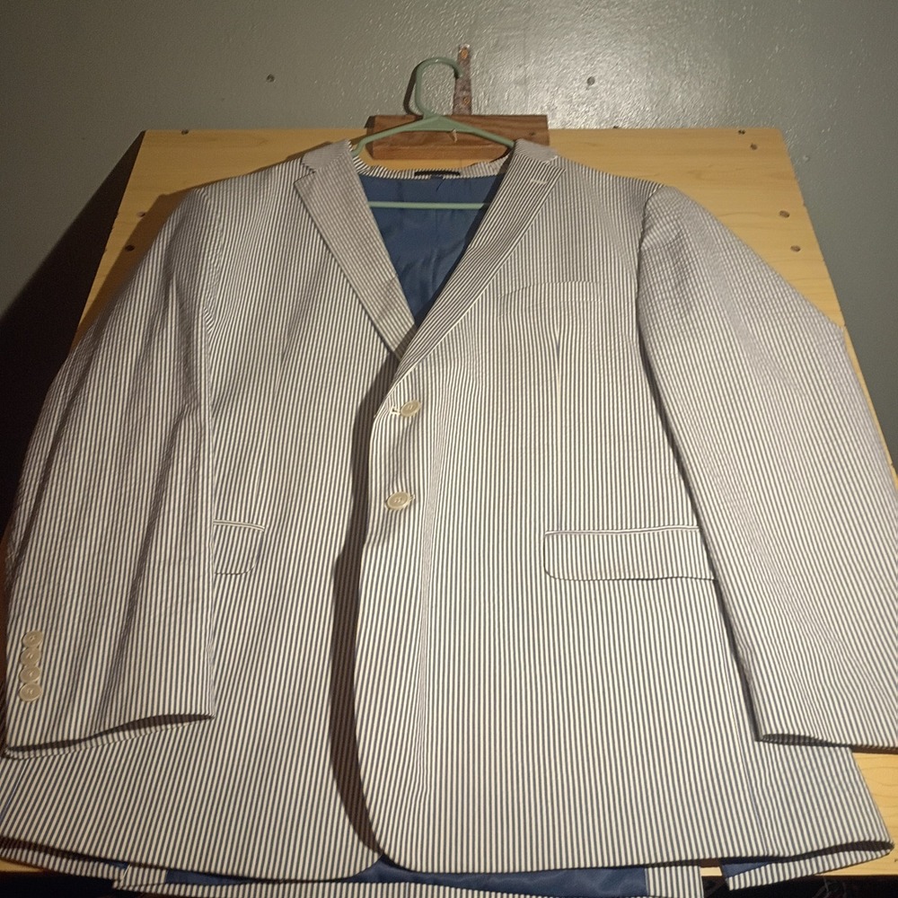 Seersucker Blazer Sport Coat, Men, Blue White Striped Preppy Summer Jacket